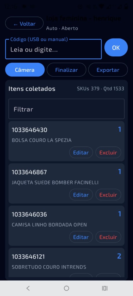 App Coletor de Inventário — coleta de itens com código de barras
